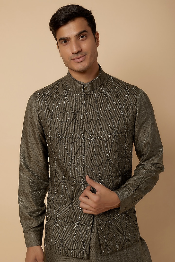 Olive Green Banarasi Silk Embroidered Nehru Jacket Set by AMIT ARORA at Pernia's Pop Up Shop