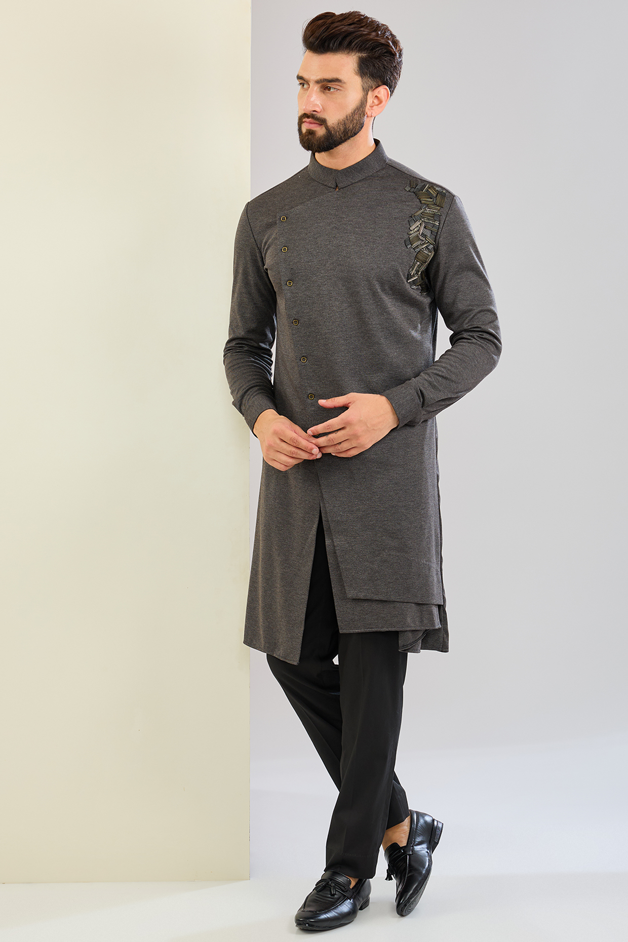 Dark Grey Knit Embroidered Asymmetric Kurta by AMIT ARORA at Pernia's Pop Up Shop