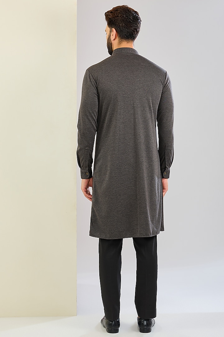 Dark Grey Knit Embroidered Asymmetric Kurta by AMIT ARORA at Pernia's Pop Up Shop