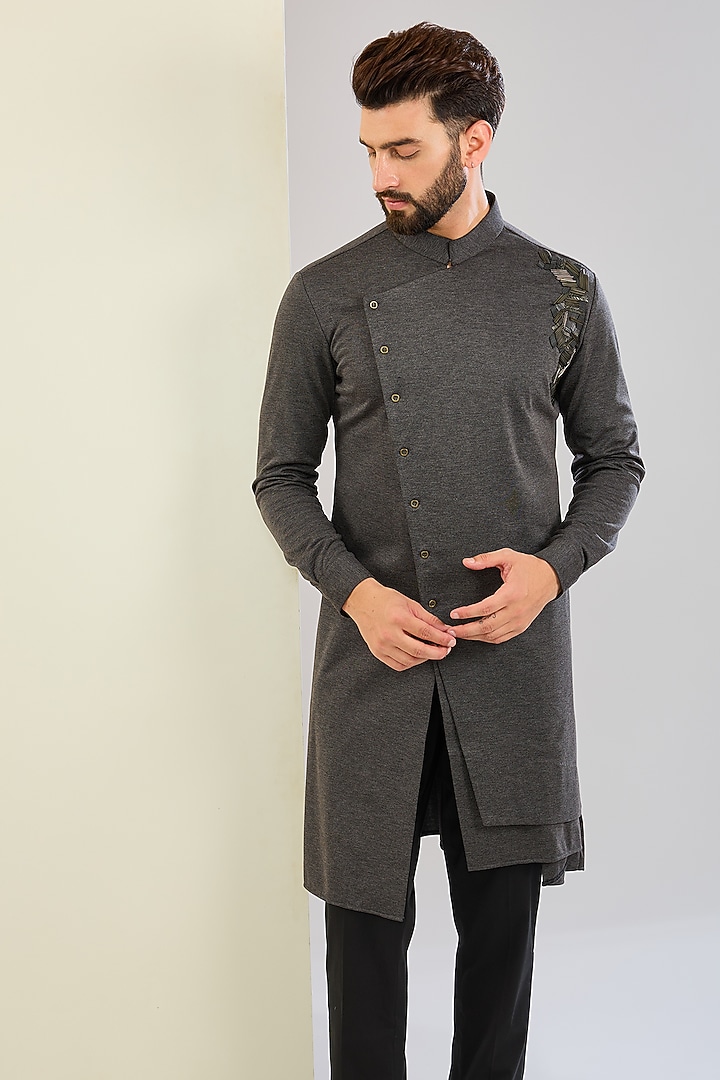 Dark Grey Knit Embroidered Asymmetric Kurta by AMIT ARORA at Pernia's Pop Up Shop
