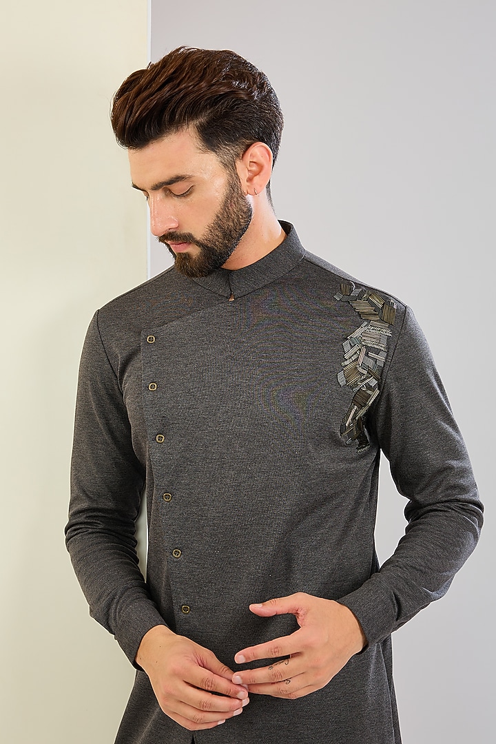Dark Grey Knit Embroidered Asymmetric Kurta by AMIT ARORA at Pernia's Pop Up Shop