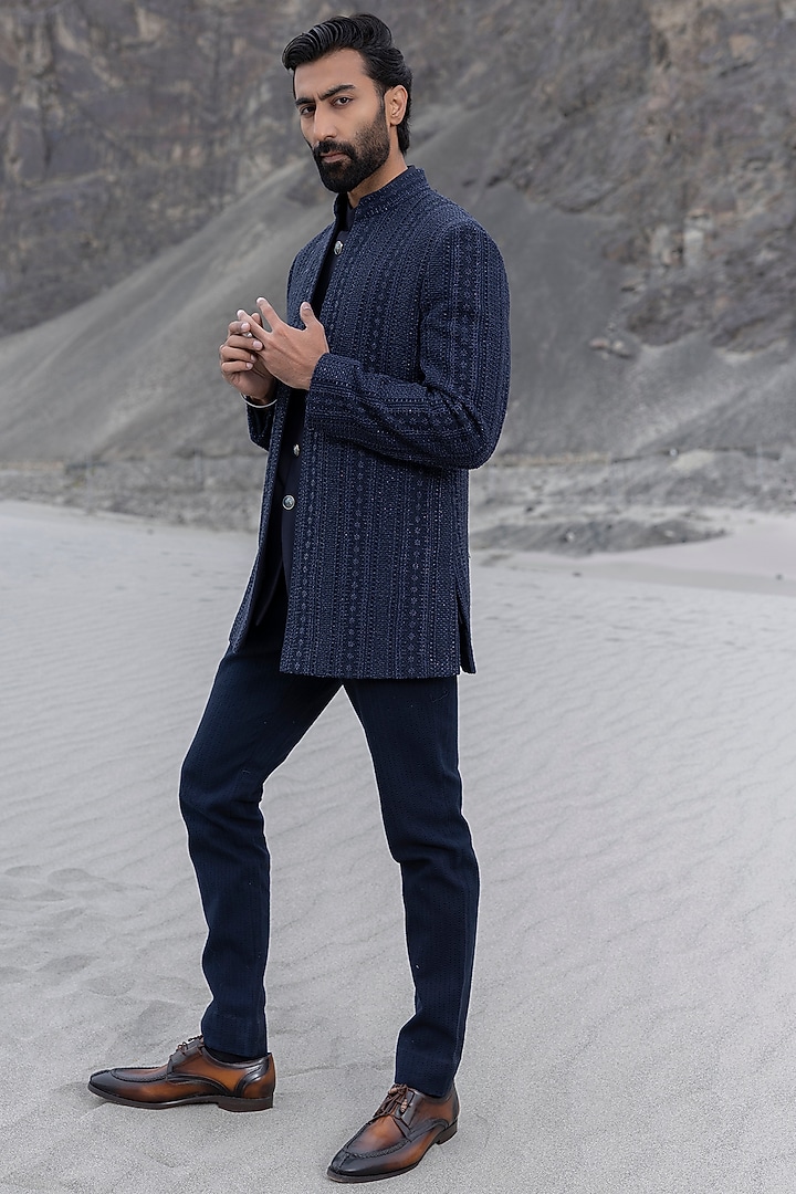 Navy Blue Poly Knit Embroidered Front-Open Groom Indowestern Set by AMIT ARORA at Pernia's Pop Up Shop