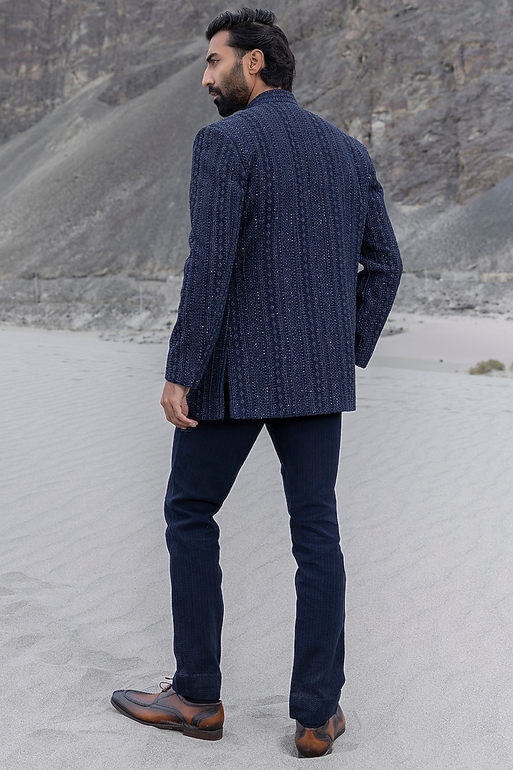 Navy Blue Poly Knit Embroidered Front-Open Groom Indowestern Set by AMIT ARORA at Pernia's Pop Up Shop