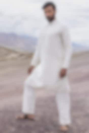 Ivory Linen Bamboo Silk Dori Embroidered Kurta Set by AMIT ARORA at Pernia's Pop Up Shop