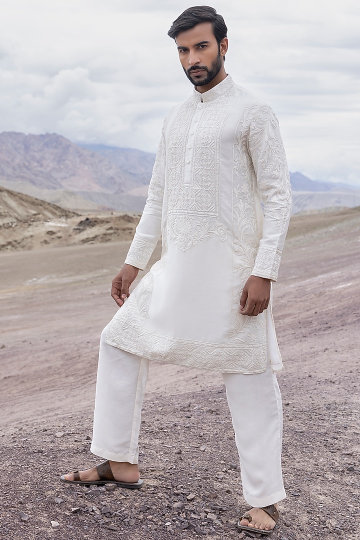 Ivory Linen Bamboo Silk Dori Embroidered Kurta Set by AMIT ARORA at Pernia's Pop Up Shop