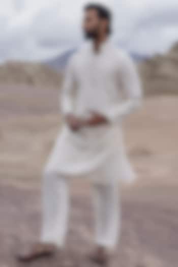 Ivory Linen Bamboo Silk Dori Embroidered Kurta Set by AMIT ARORA