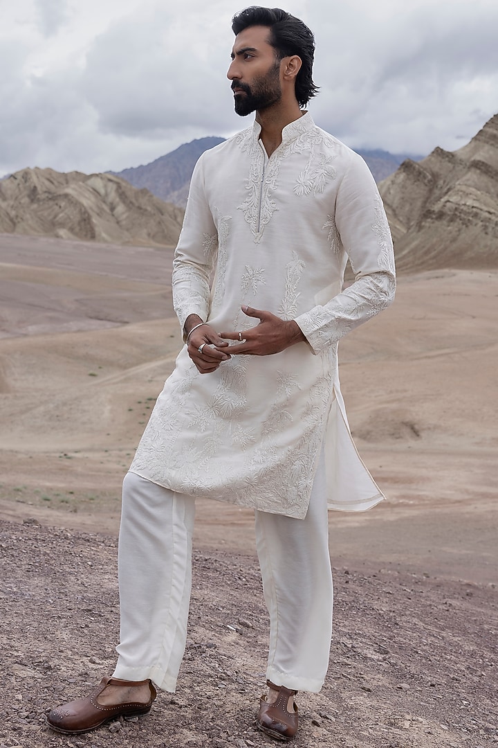 Ivory Linen Bamboo Silk Dori Embroidered Kurta Set by AMIT ARORA