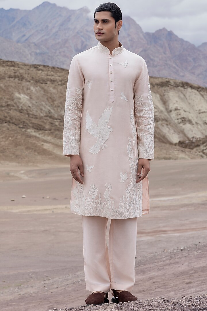Pink Linen Bamboo Silk Dori Embroidered Kurta Set by AMIT ARORA at Pernia's Pop Up Shop