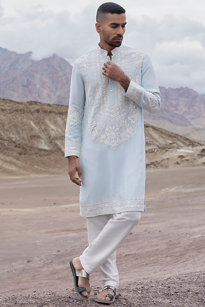 Sky Blue Linen Bamboo Silk Hand Embroidered Kurta Set by AMIT ARORA