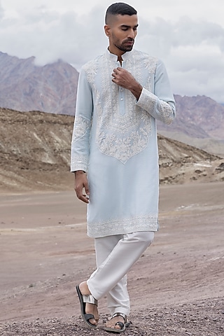 Sky Blue Linen Bamboo Silk Hand Embroidered Kurta Set by AMIT ARORA