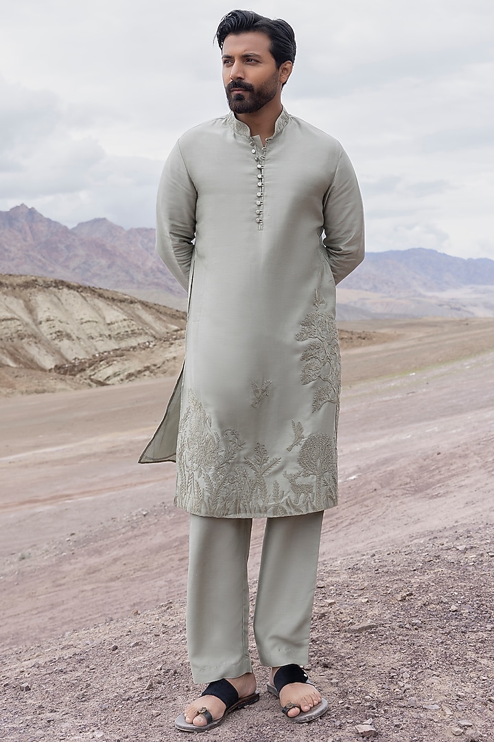 Olive Green Linen Bamboo Silk Dori Embroidered Kurta Set by AMIT ARORA