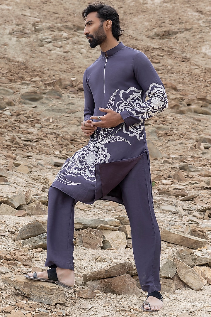 Grey Poly Silk Machine Embroidered Kurta Set by AMIT ARORA