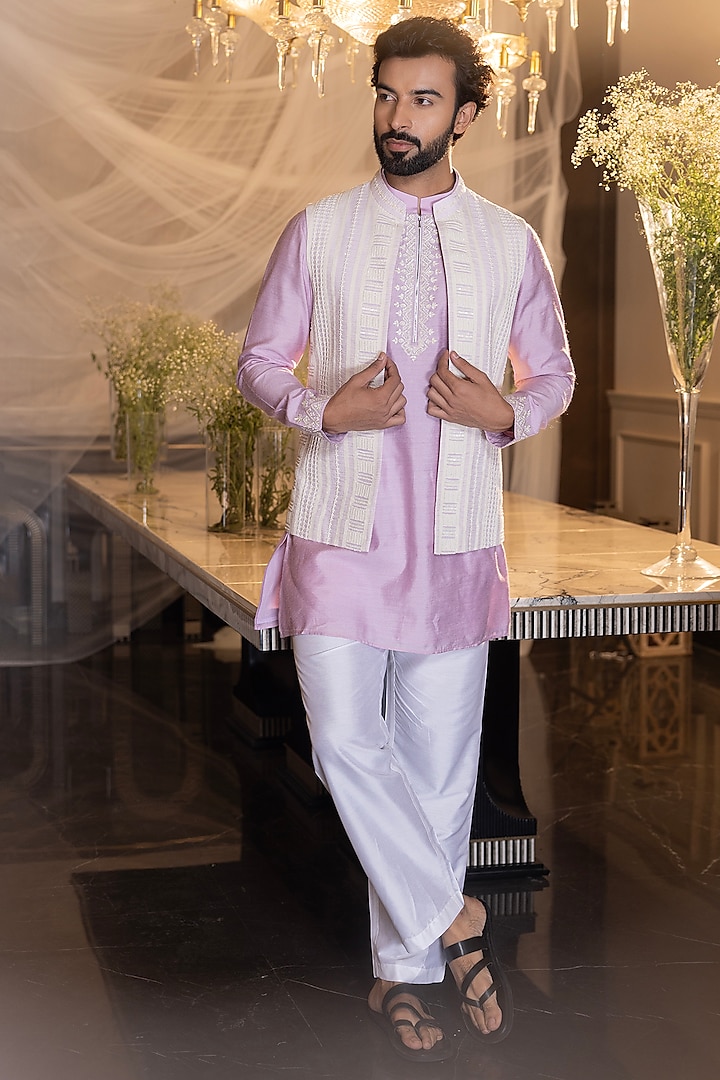 Lilac Crochet Hand Embroidered Waistcoat Set by AMIT ARORA