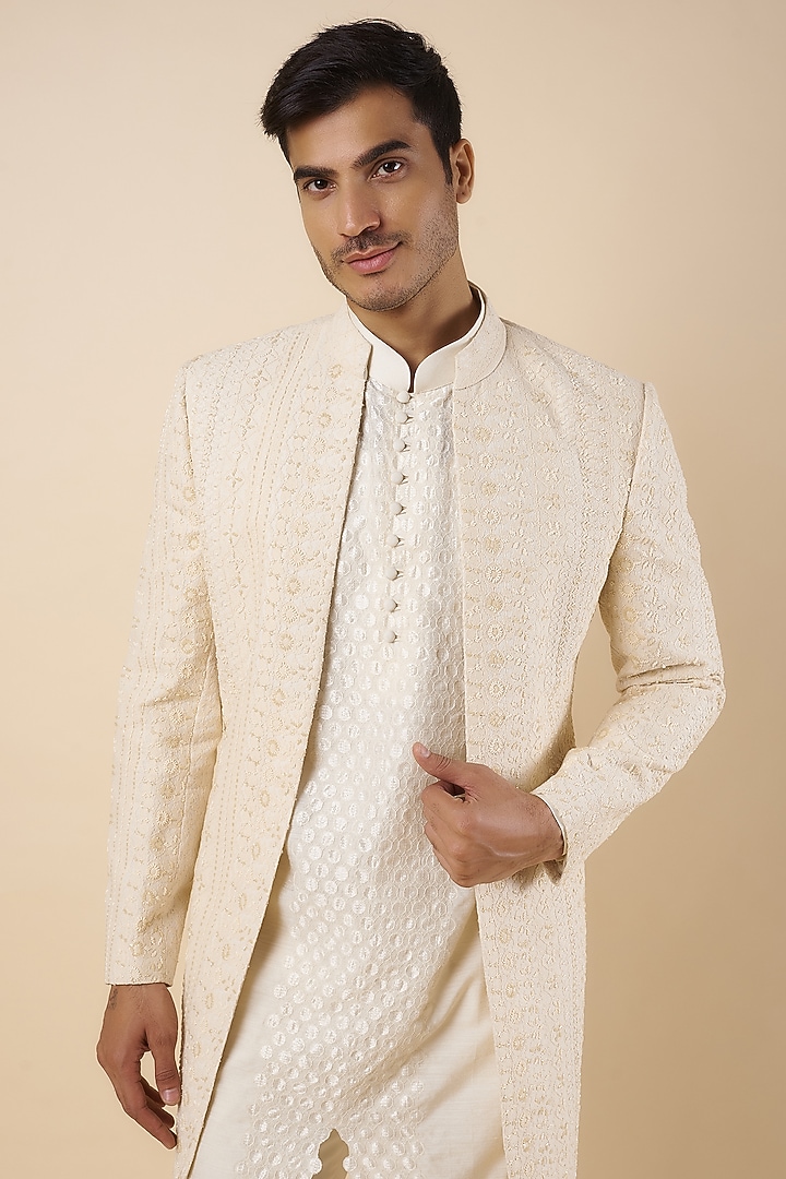 Cream Crochet Hand Embroidered Wedding Indowestern Set by AMIT ARORA at Pernia's Pop Up Shop