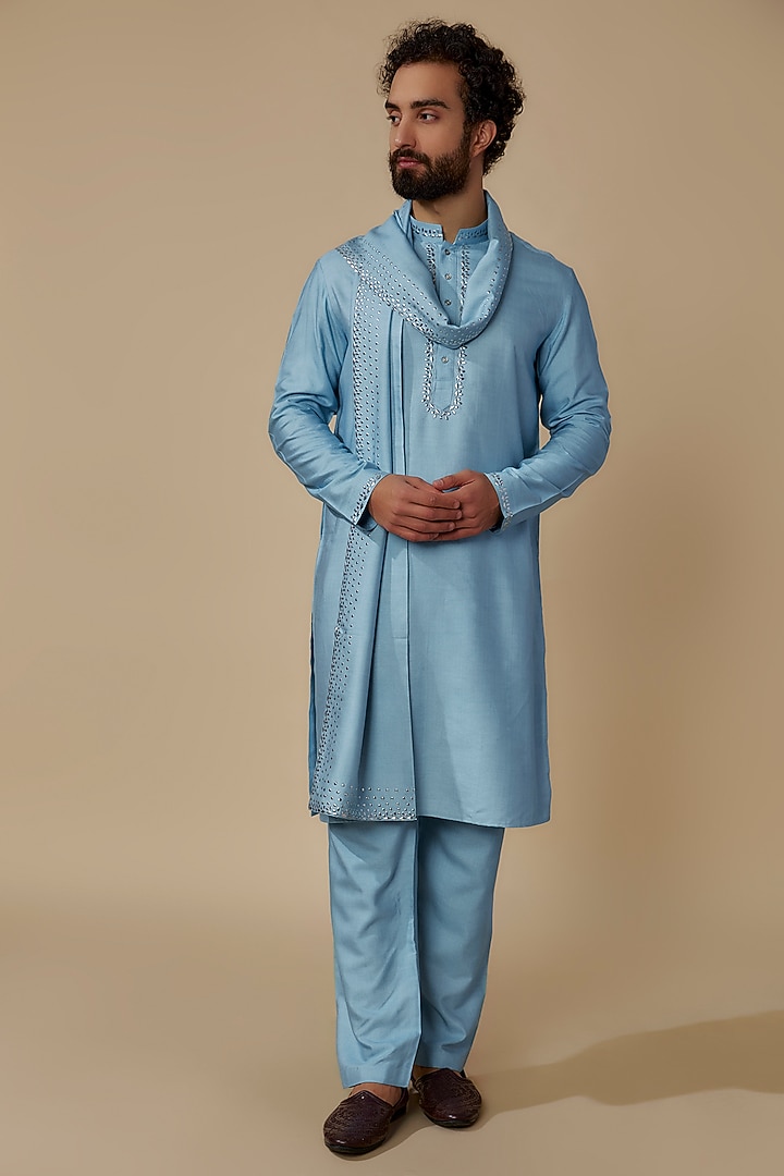 Sky Blue Moonga Silk Metal Work Kurta Set by AMIT ARORA at Pernia's Pop Up Shop