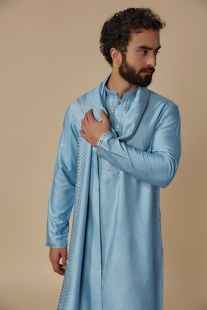 Sky Blue Moonga Silk Metal Work Kurta Set by AMIT ARORA at Pernia's Pop Up Shop