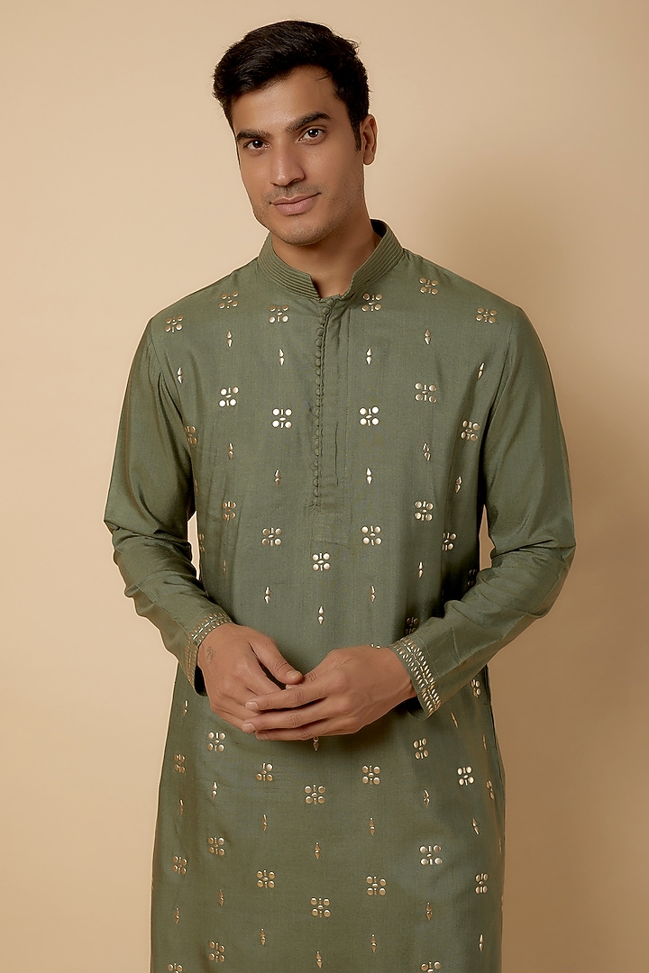 Green Moonga Silk Metal Work Kurta Set by AMIT ARORA at Pernia's Pop Up Shop
