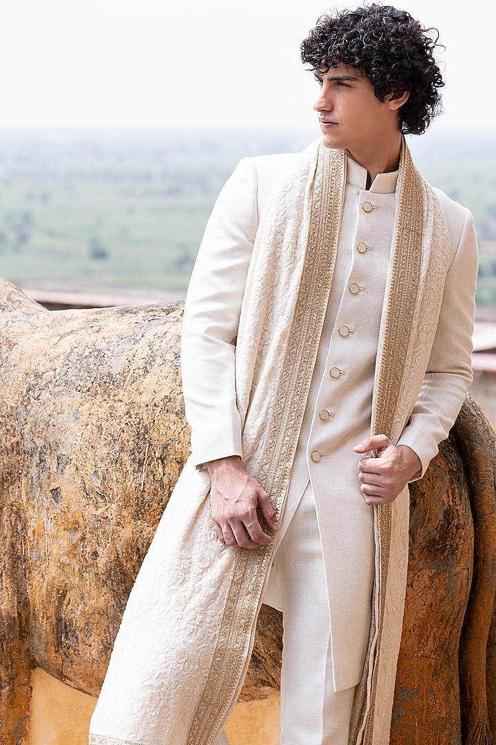 Cream Banarasi Silk Wedding Sherwani Set by AMIT ARORA at Pernia's Pop Up Shop