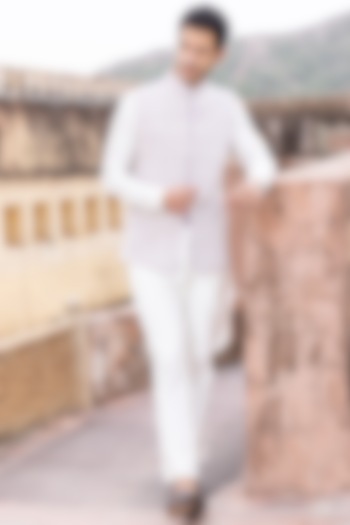 Lilac Textured Rayon Hand Embroidered Bundi Jacket Set by AMIT ARORA at Pernia's Pop Up Shop