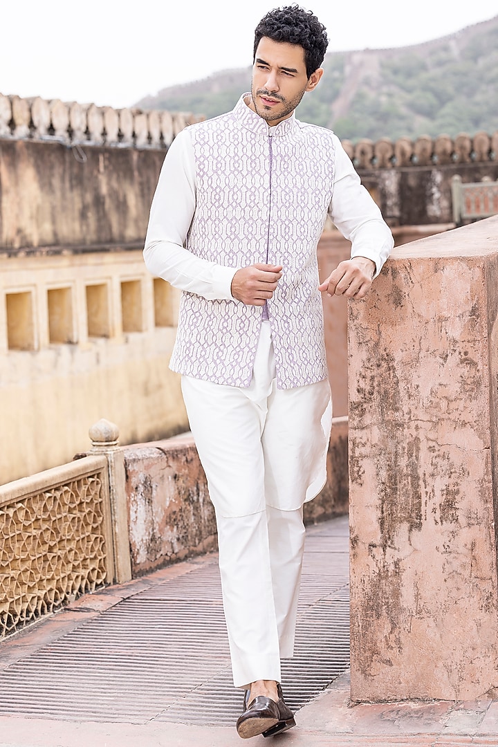 Lilac Textured Rayon Hand Embroidered Bundi Jacket Set by AMIT ARORA at Pernia's Pop Up Shop