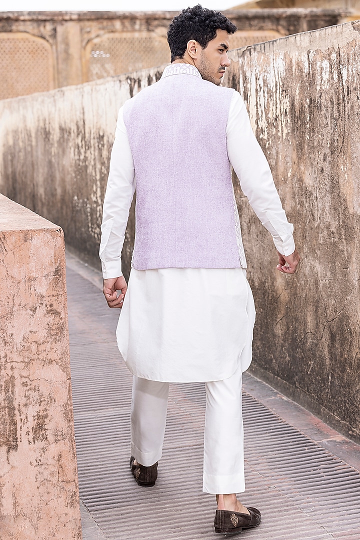 Printed Bundi, Textured Stole Shirt And Draped Trouser