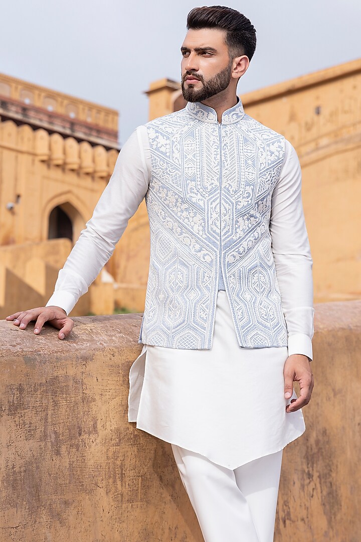 Sky Blue Textured Rayon Hand Embroidered Bundi Jacket Set by AMIT ARORA at Pernia's Pop Up Shop