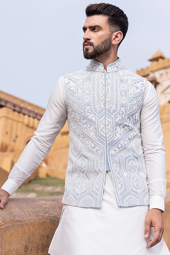 Sky Blue Textured Rayon Hand Embroidered Bundi Jacket Set by AMIT ARORA at Pernia's Pop Up Shop