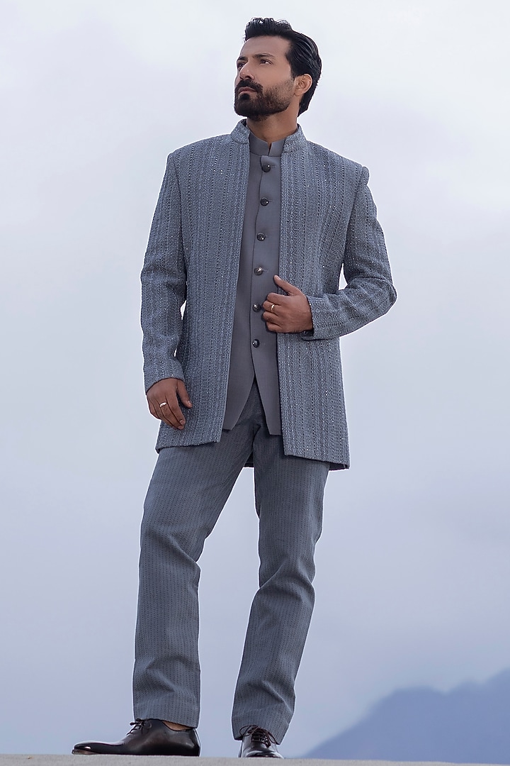 Dark Grey Poly Knit Embroidered Front-Open Groom Indowestern Set by AMIT ARORA at Pernia's Pop Up Shop