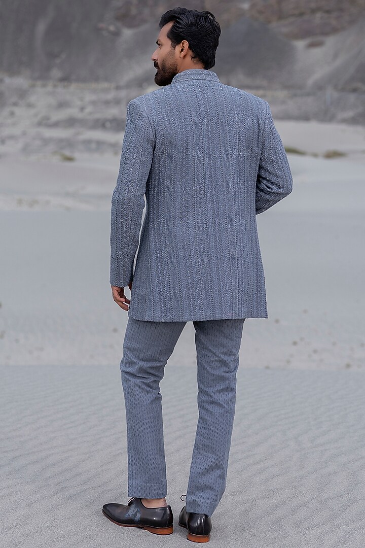 Dark Grey Poly Knit Embroidered Front-Open Groom Indowestern Set by AMIT ARORA at Pernia's Pop Up Shop