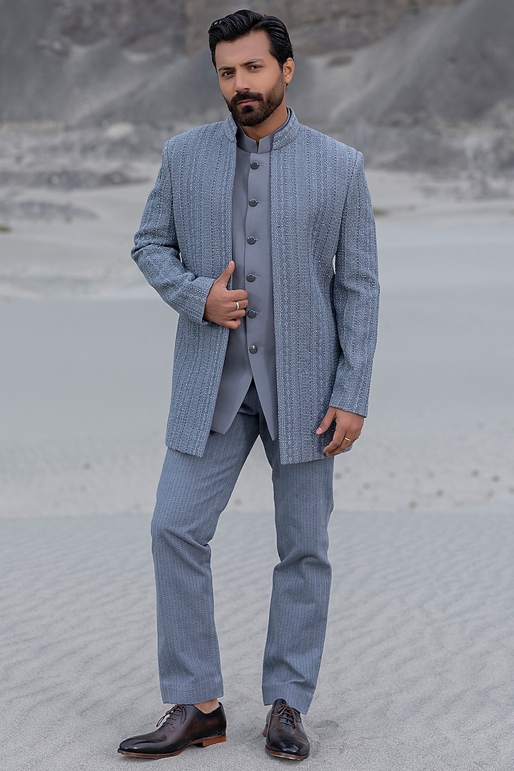 Dark Grey Poly Knit Embroidered Front-Open Groom Indowestern Set by AMIT ARORA at Pernia's Pop Up Shop