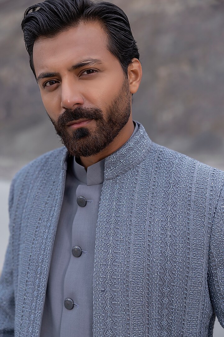 Dark Grey Poly Knit Embroidered Front-Open Groom Indowestern Set by AMIT ARORA at Pernia's Pop Up Shop