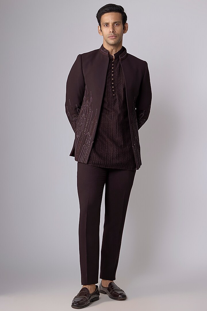 Purple Poly Knit Hand Embroidered Front-Open Wedding Indowestern Set by AMIT ARORA at Pernia's Pop Up Shop