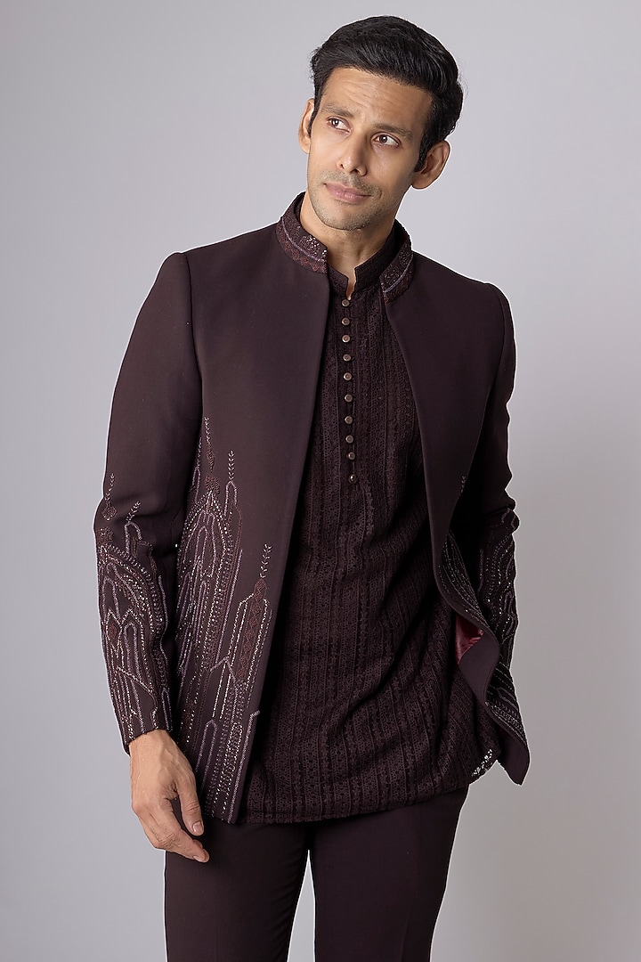 Purple Poly Knit Hand Embroidered Front-Open Wedding Indowestern Set by AMIT ARORA at Pernia's Pop Up Shop