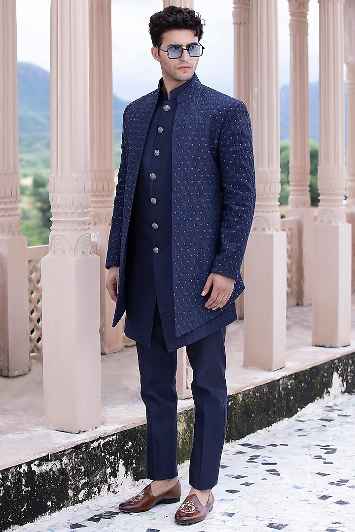 Navy Blue Banarasi Silk Indo-Western Jacket Set by AMIT ARORA