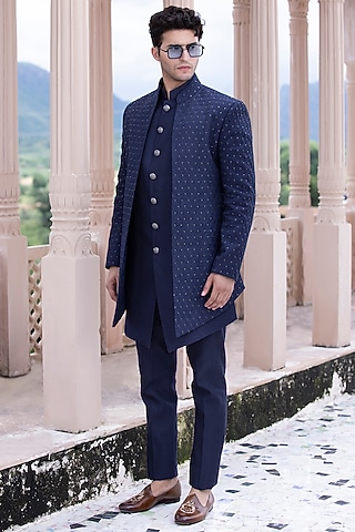 Navy Blue Banarasi Silk Hand Embelished Indowestern Set by AMIT ARORA