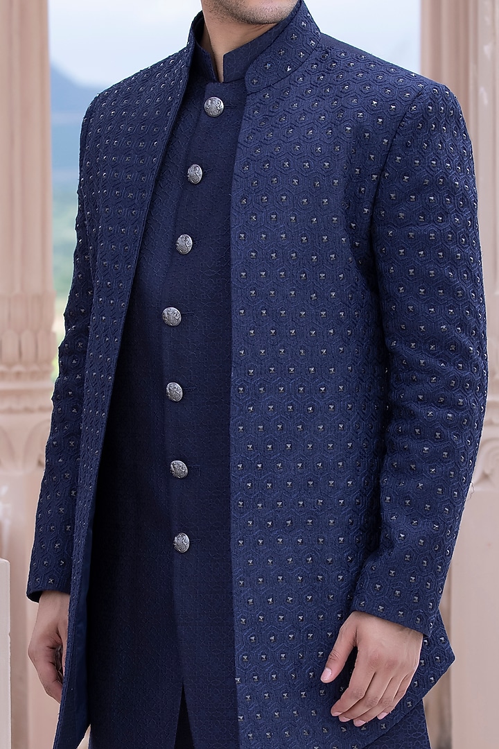 Navy Blue Banarasi Silk Hand Embelished Wedding Indowestern Set by AMIT ARORA at Pernia's Pop Up Shop