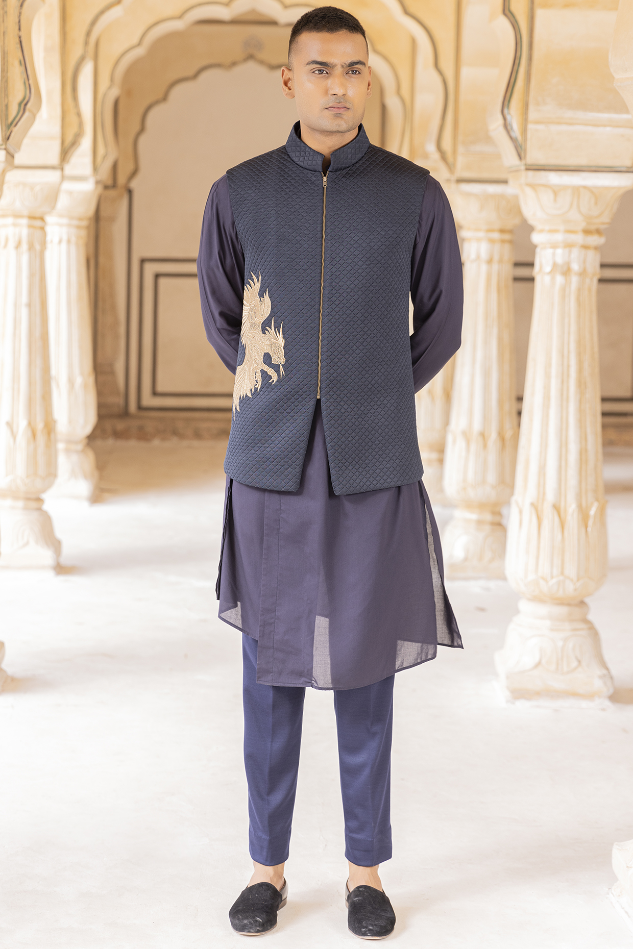 Navy Blue Quilted Knit Zari Embroidered Bundi Jacket Set by AMIT ARORA