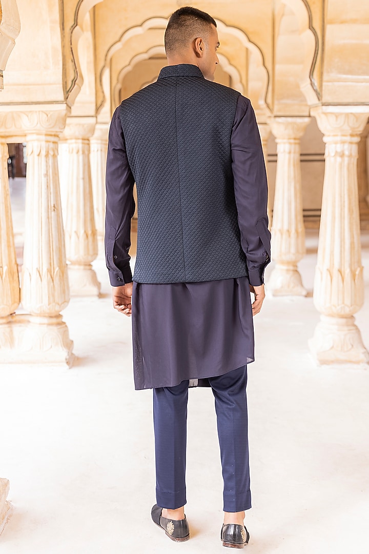 Navy Blue Quilted Knit Zari Embroidered Bundi Jacket Set by AMIT ARORA at Pernia's Pop Up Shop