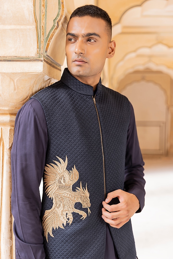 Navy Blue Quilted Knit Zari Embroidered Bundi Jacket Set by AMIT ARORA at Pernia's Pop Up Shop