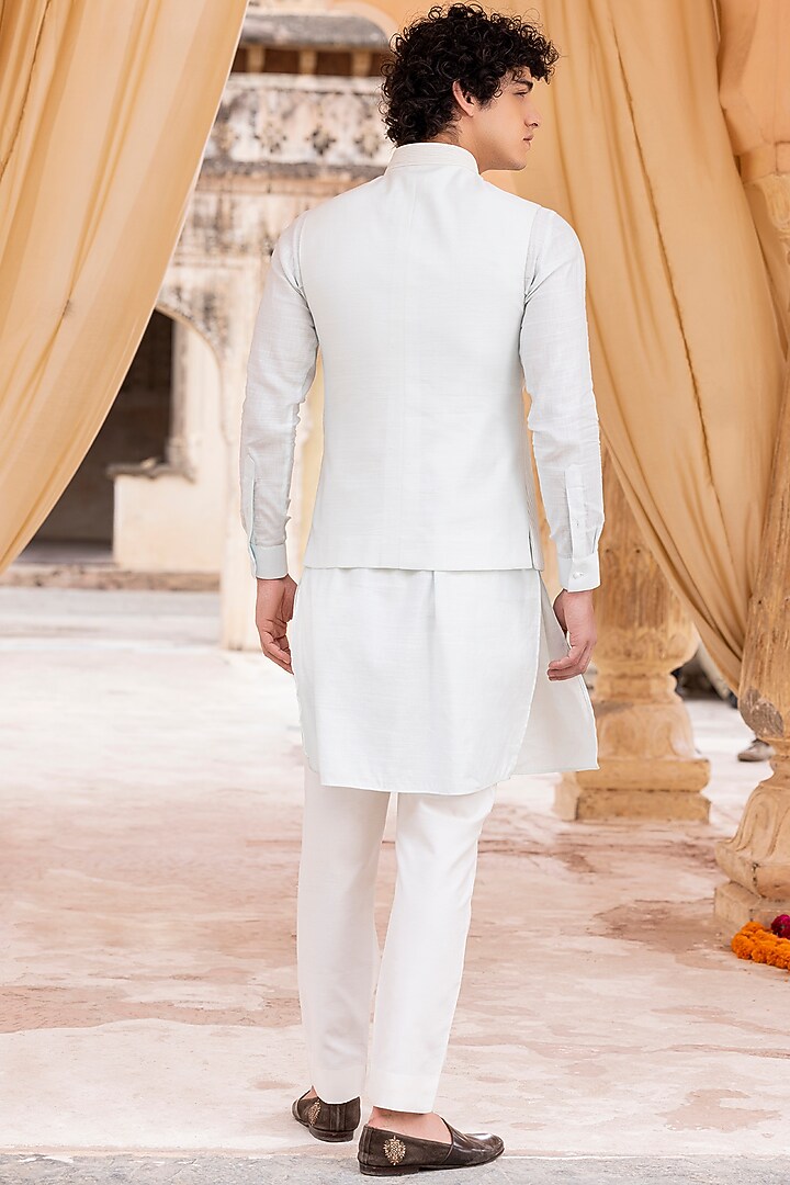 Light Teal Linen Silk Bundi Jacket Set by AMIT ARORA at Pernia's Pop Up Shop