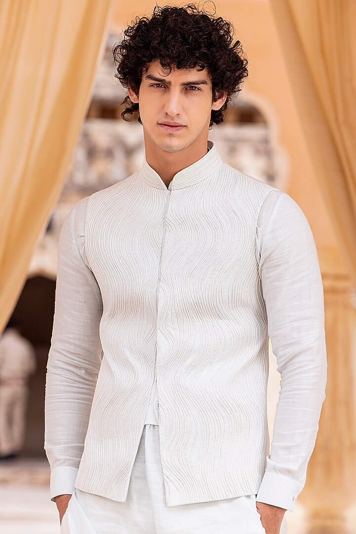 Light Teal Linen Silk Bundi Jacket Set by AMIT ARORA at Pernia's Pop Up Shop