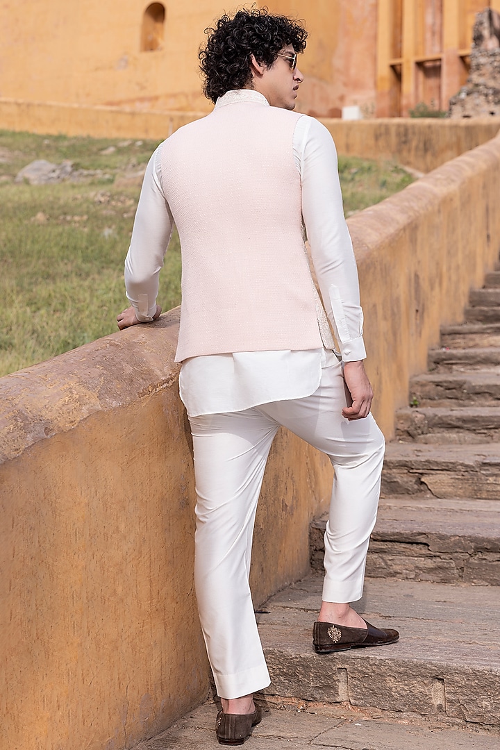 Light Peach Textured Rayon Hand Embroidered Bundi Jacket Set by AMIT ARORA at Pernia's Pop Up Shop