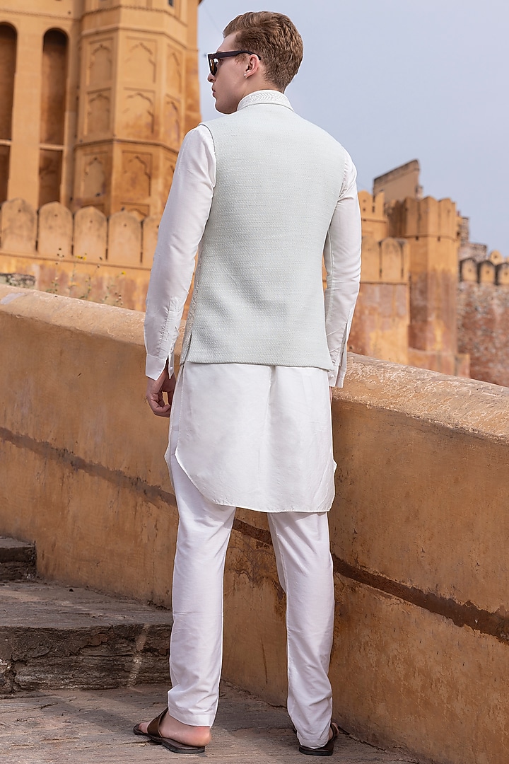 Mint Textured Rayon Hand Embroidered Bundi Jacket Set by AMIT ARORA at Pernia's Pop Up Shop
