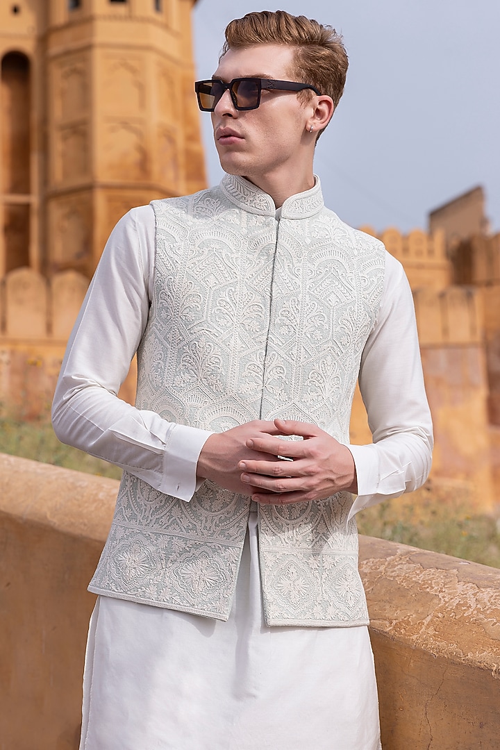 Mint Textured Rayon Hand Embroidered Bundi Jacket Set by AMIT ARORA at Pernia's Pop Up Shop