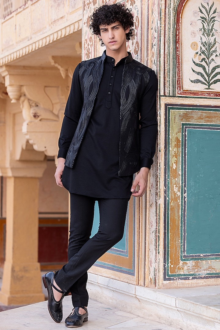 Black Knit Bundi Jacket Set With Leather Work by AMIT ARORA