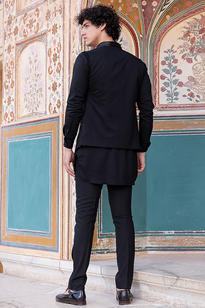 Black Knit Bundi Jacket Set With Leather Work by AMIT ARORA at Pernia's Pop Up Shop