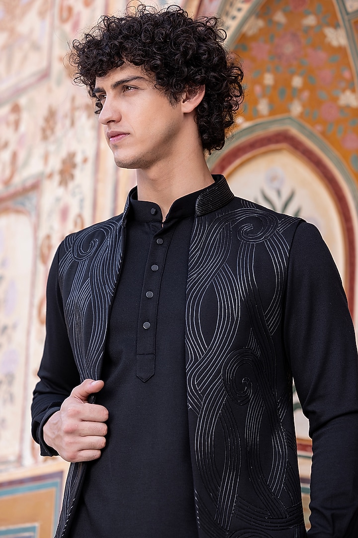 Black Knit Bundi Jacket Set With Leather Work by AMIT ARORA at Pernia's Pop Up Shop