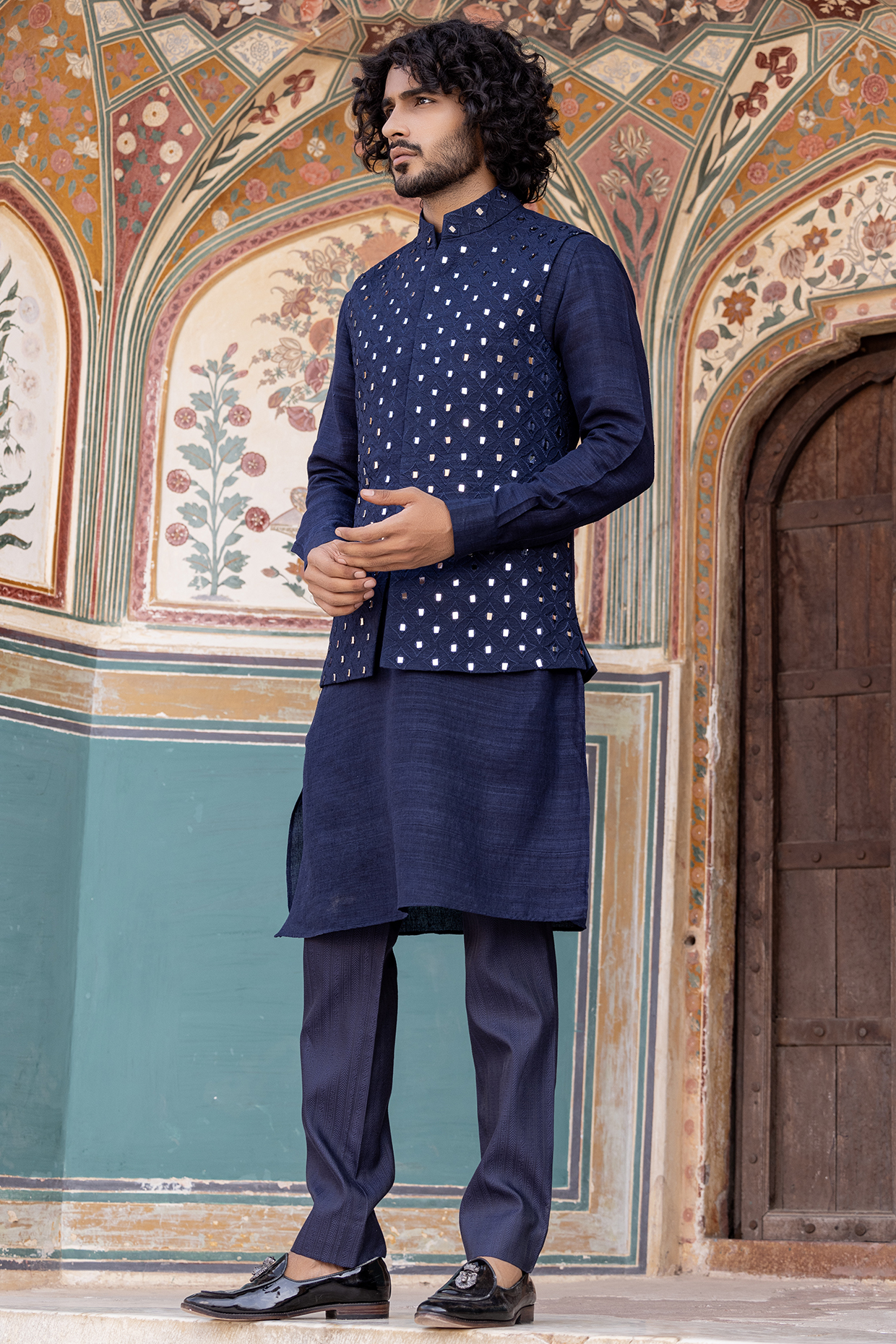 Navy Blue Matka Silk Mirror Work Bundi Jacket Set by AMIT ARORA