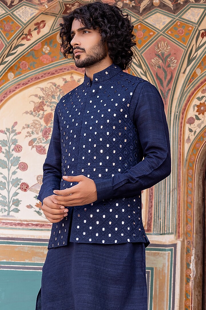 Navy Blue Matka Silk Mirror Work Bundi Jacket Set by AMIT ARORA at Pernia's Pop Up Shop