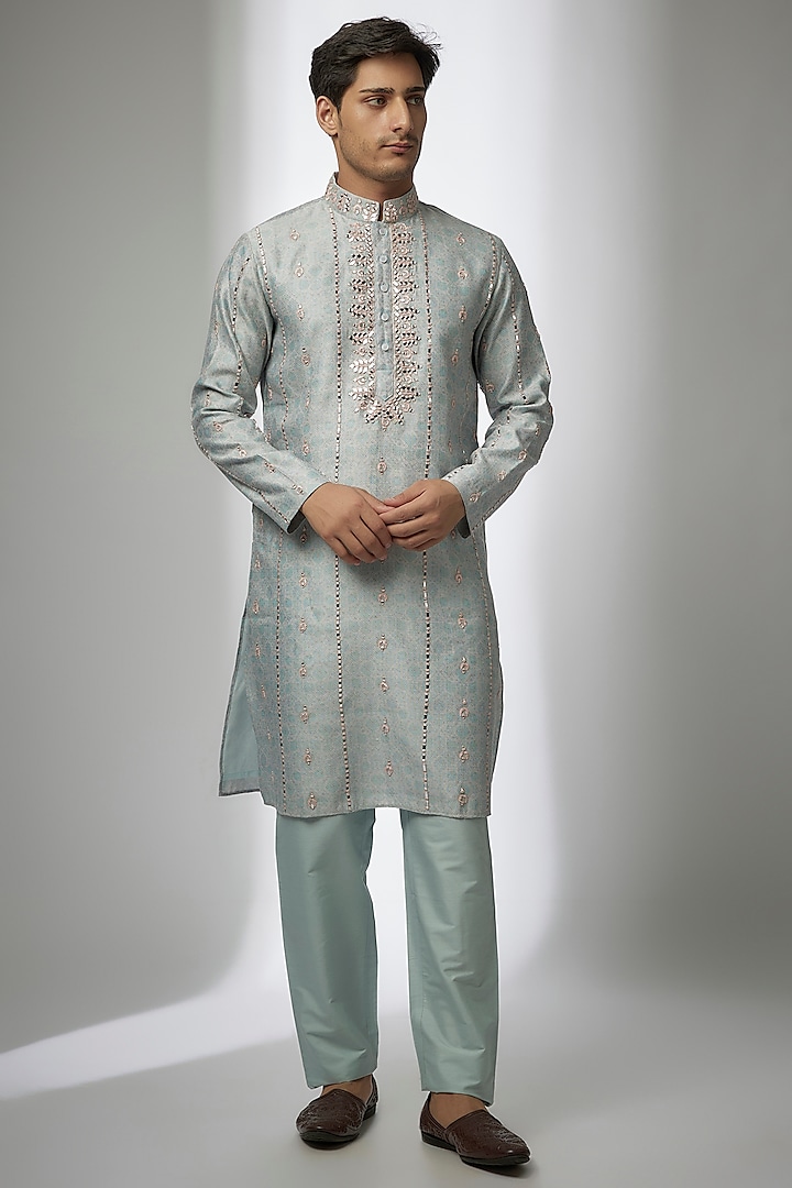 Powder Blue Banarasi Silk Digital Printed & Mirror Work Kurta Set by AMIT ARORA